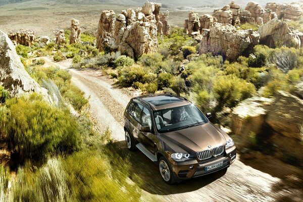 Overcoming off-road bmw x5 at high speed