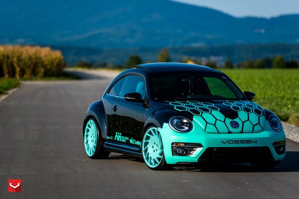 An unusual Volkswagen coloring against the background of mountains