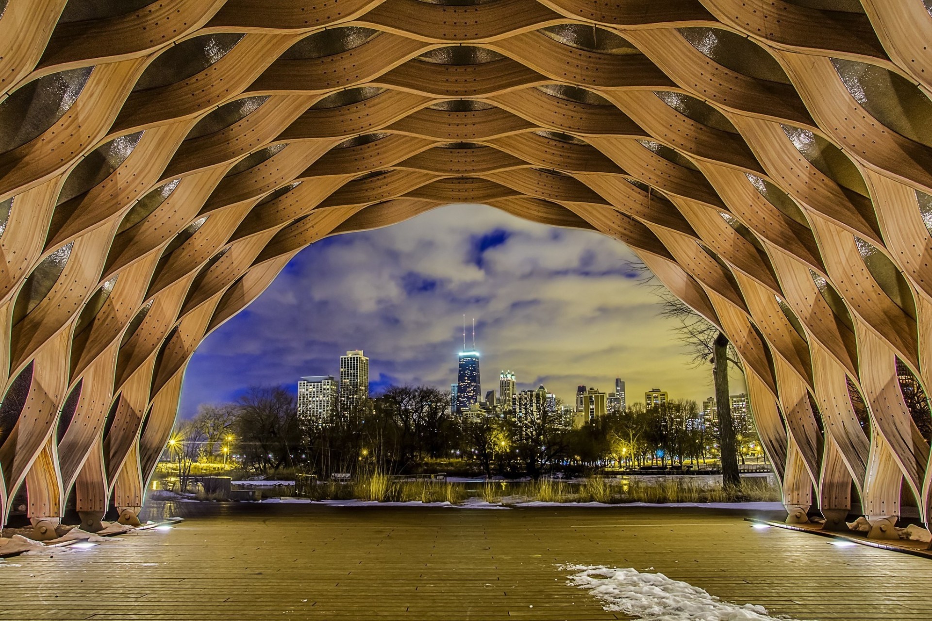 lumières chicago arche arbres gratte-ciel nuit bâtiment neige amérique usa hiver