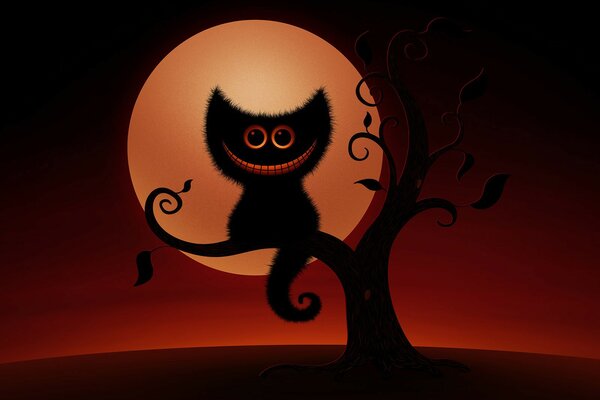 Halloweenowy kot na drzewie w nocy