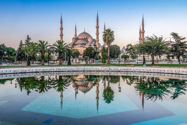 Fuente y palmeras en el fondo de la Mezquita azul en Estambul