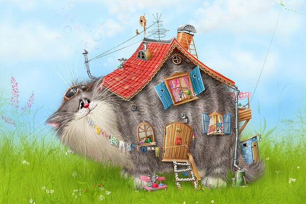 Рисунок на котором изображён дом в виде кота