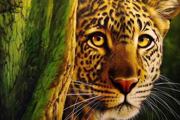 Un leopardo dipinto nascosto dietro un albero