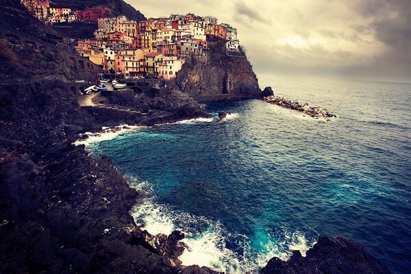 Houses on the rocks on the sea coast