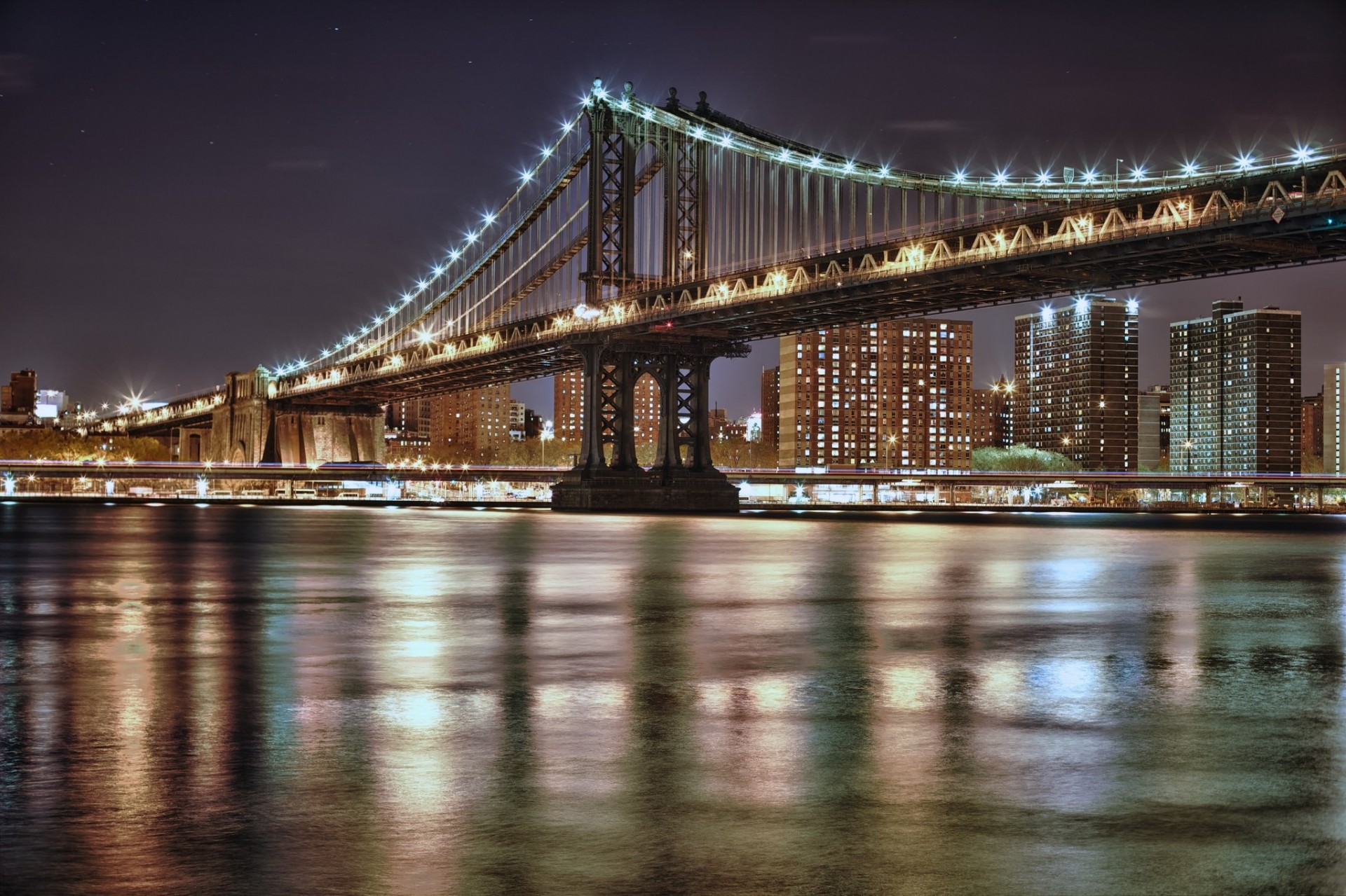 światła noc most miasto nowy jork manhattan bridge