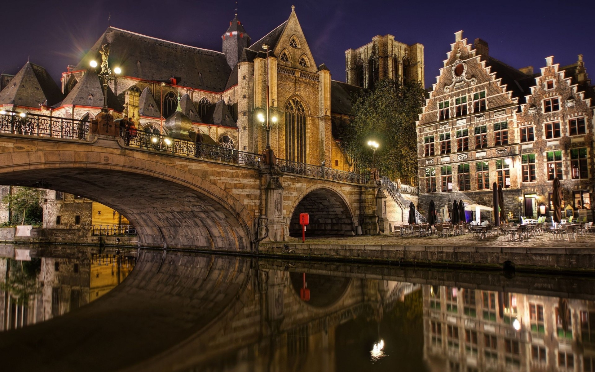 belgien gent nacht brücke wasser stadt