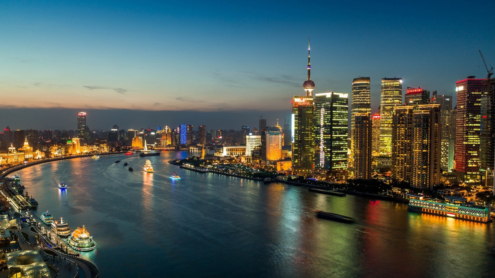 luces río huangpu china rascacielos shanghai panorama edificio ciudad nocturna