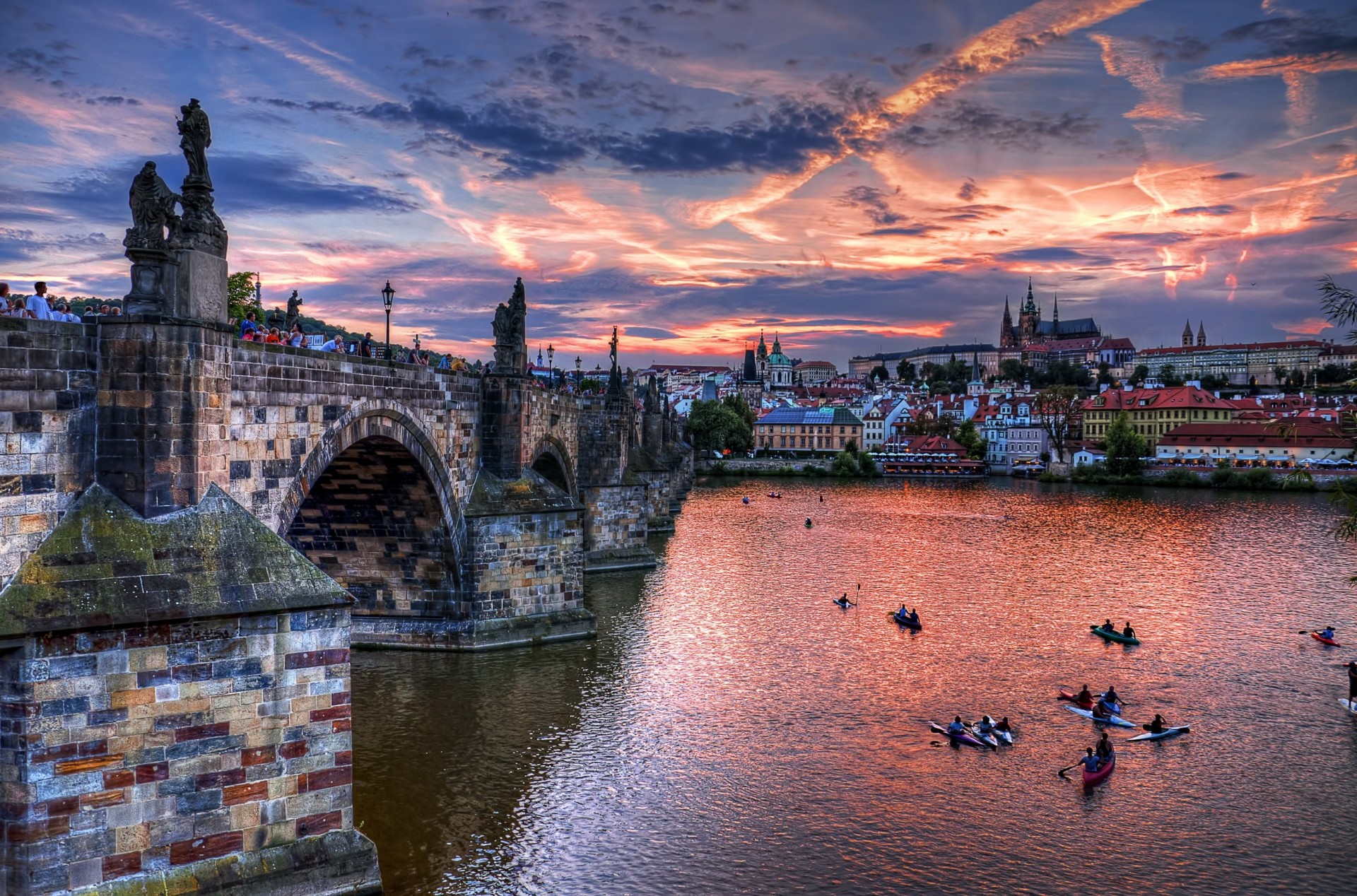 town river clouds bridge sky czech republic prague hdr