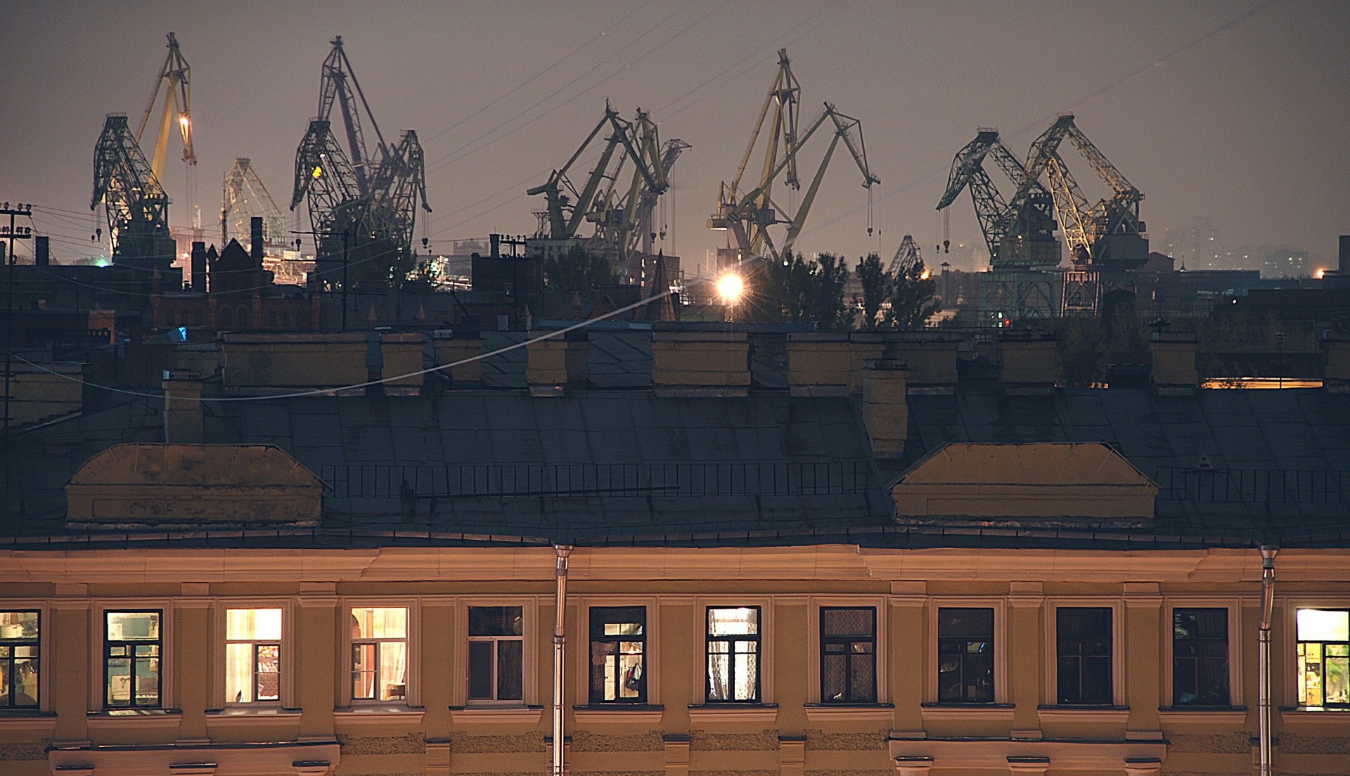 cranes night house the port town window