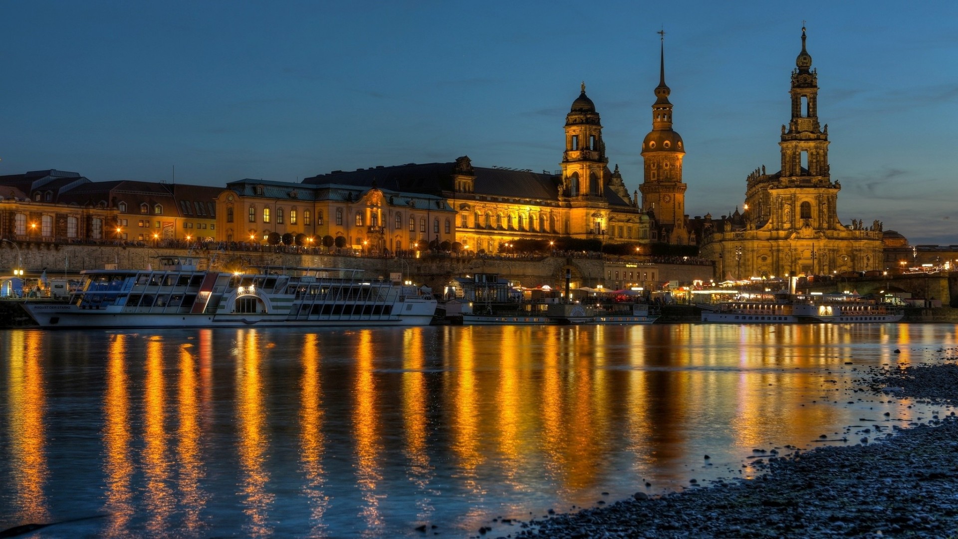 tones lights architecture river reflection bridge dresden shore pier city water night building germany repair elbe light