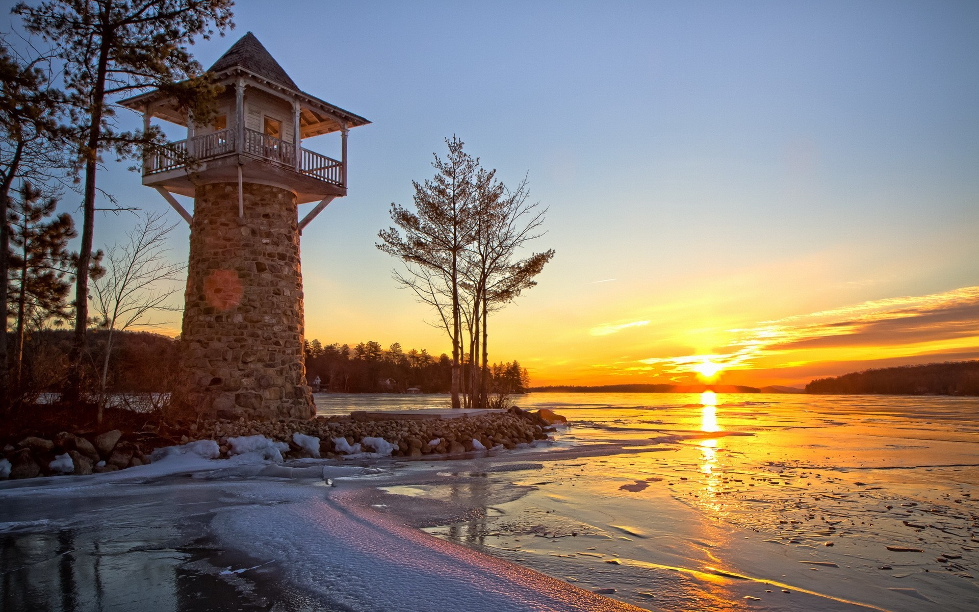 lago paisaje puesta de sol hielo