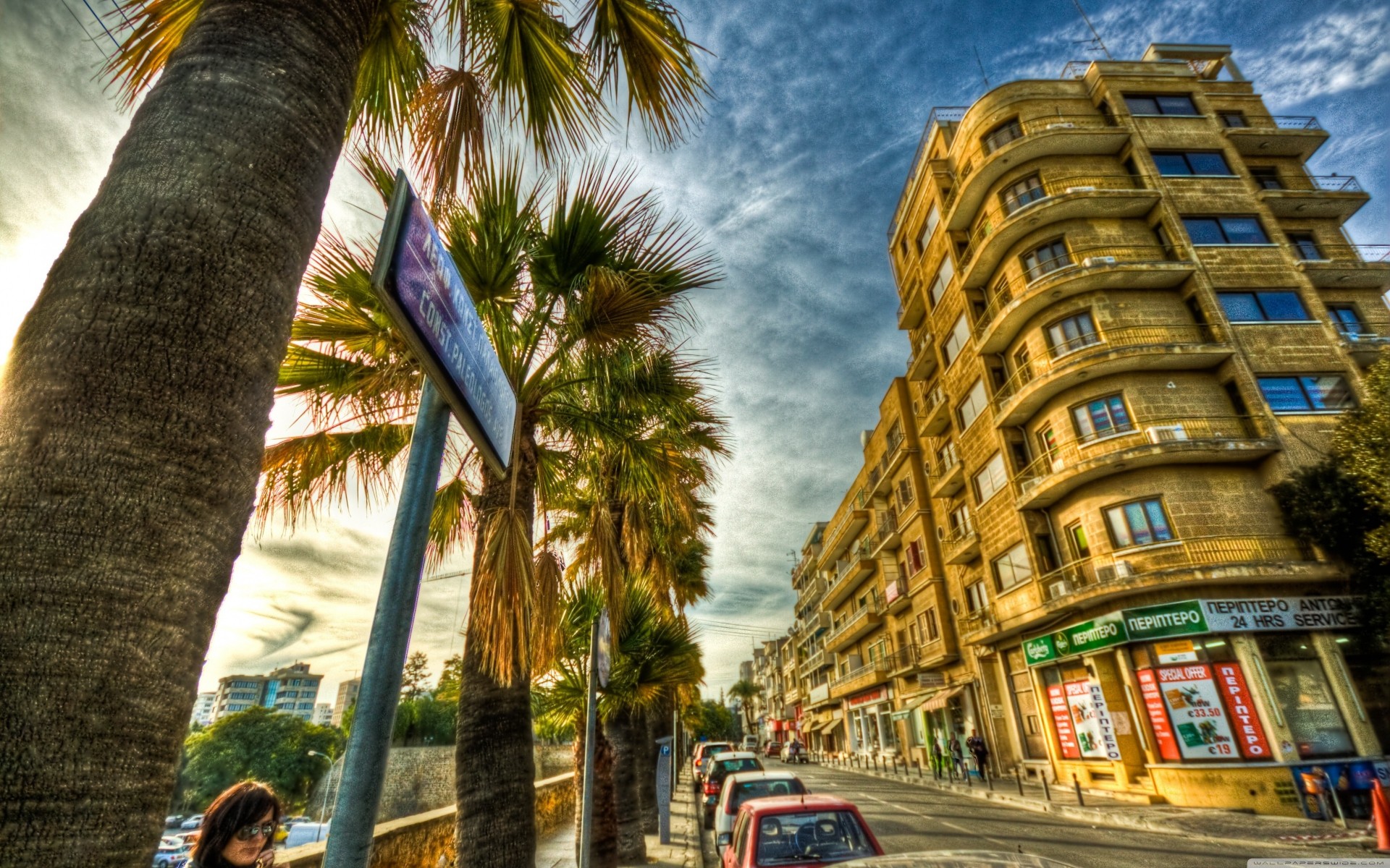 palm street blue sky cars greece