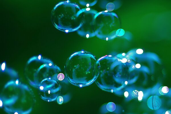 Blue soap bubbles on a green background