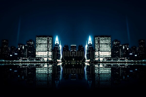 Reflections on the river bank against the background of the night city