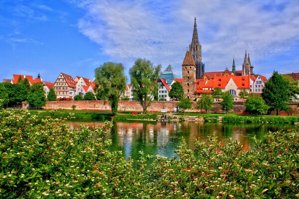 Houses on the background of a river and green trees in Bavaria