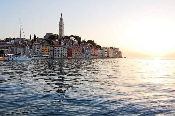 A white yacht in the Adriatic Sea. Sunrise. Croatia