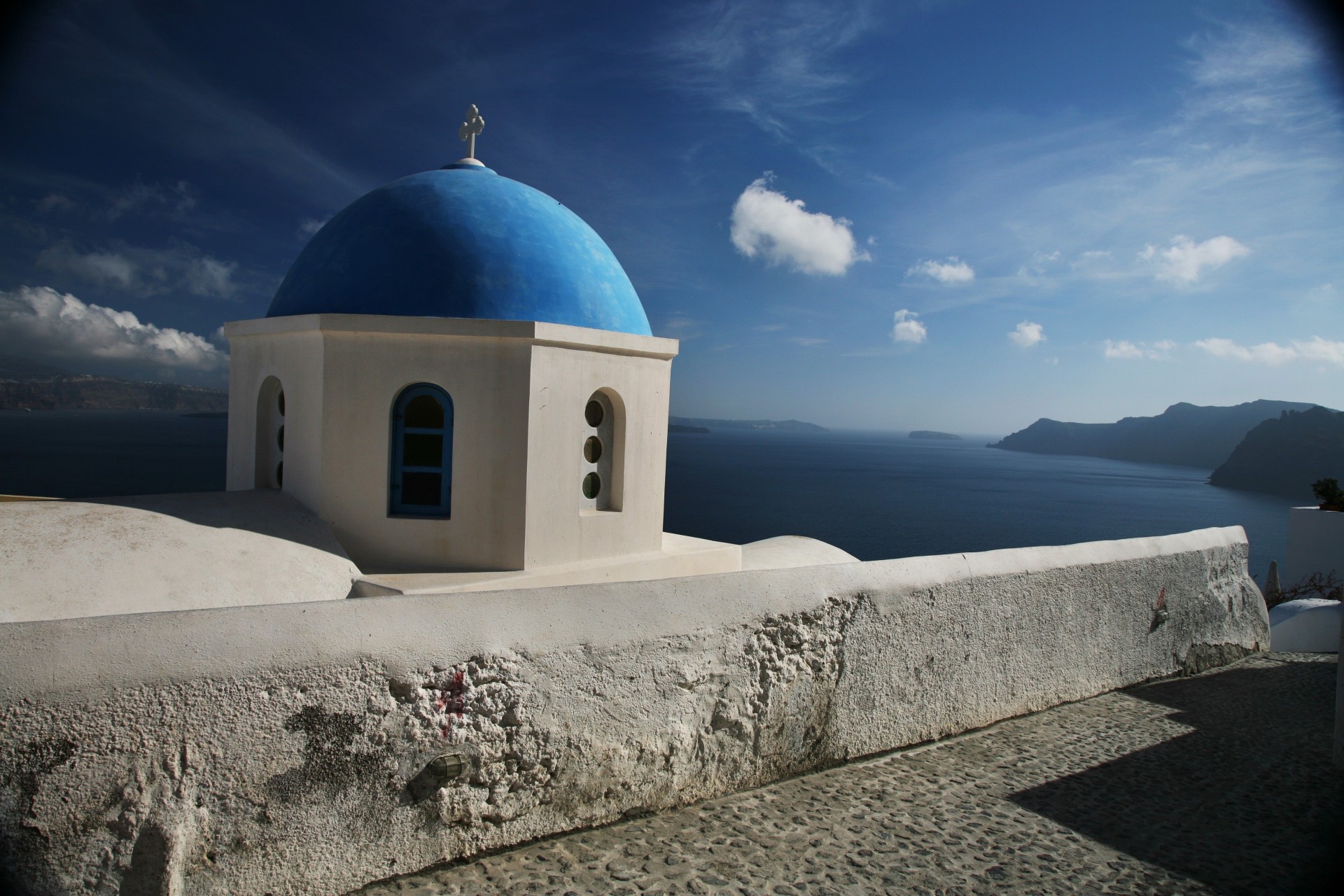 church sky greece clouds sea santorini dome mountain