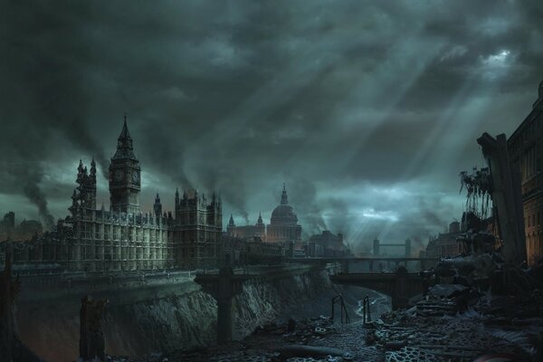 Темный Лондон в руинах после разрухи