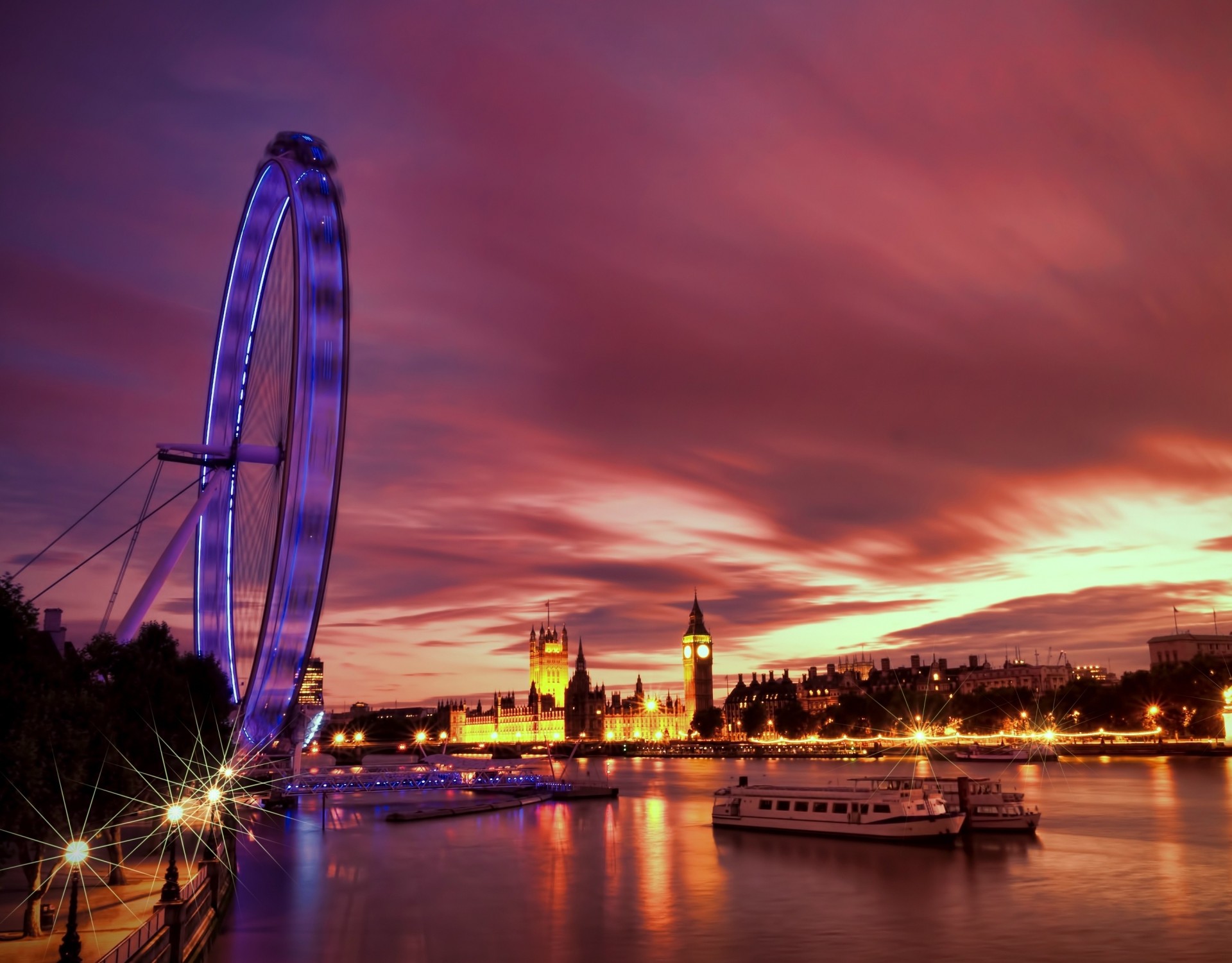 luces noche arquitectura río iluminación inglaterra noria londres reino unido támesis capital paseo marítimo