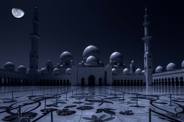 Notte ad Abu Dhabi. Piazza e Palazzo con molte cupole