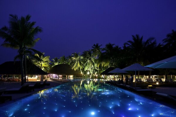 Fotografía nocturna de una piscina con palmeras