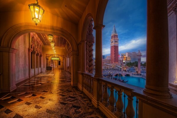 Arches and columns of the building with lanterns