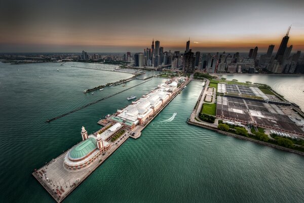 Panorama of Chicago harbor with ships