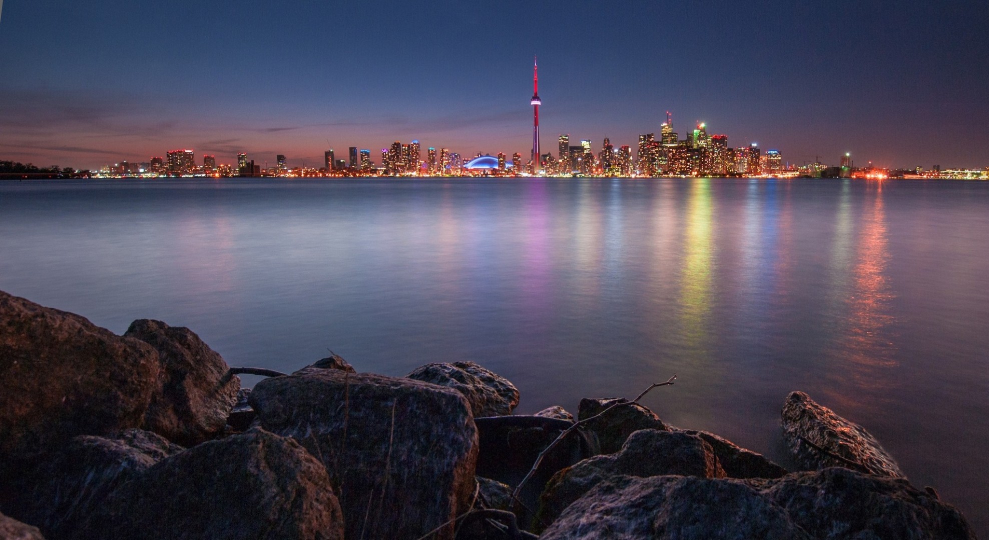 tones lights night reflection lake town toronto canada