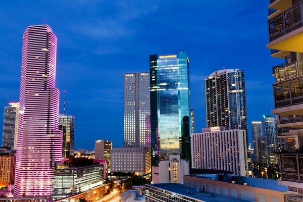 Headlights and lights of Miami at night in the USA