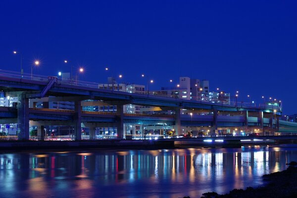 Lights of the night city on the river bank