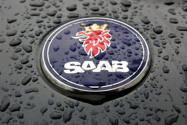 Saab auto badge under raindrops