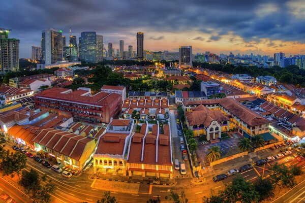 A bird s-eye view of the city at dawn