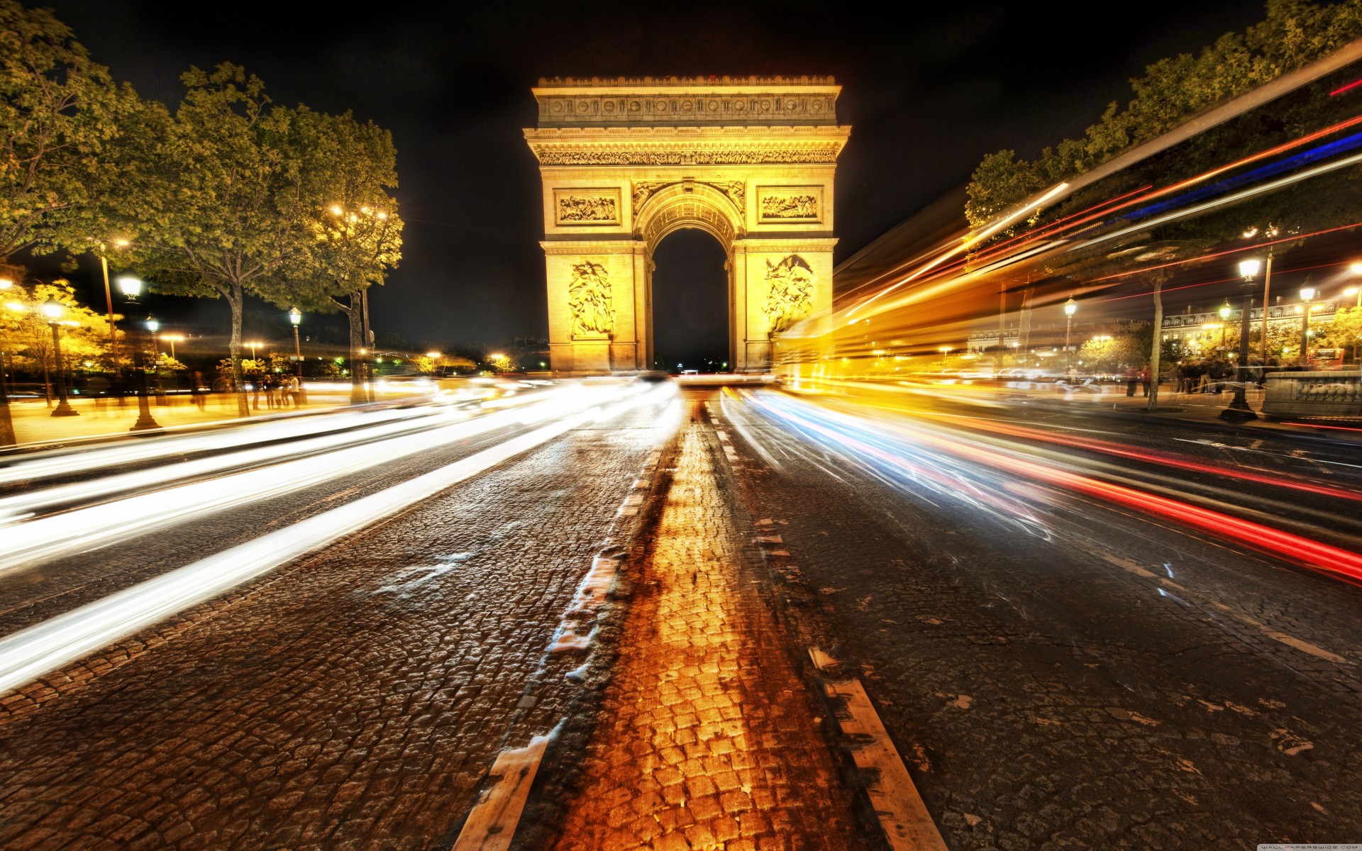 boulevard night qatar airways paris street arc de triomphe palm cars light