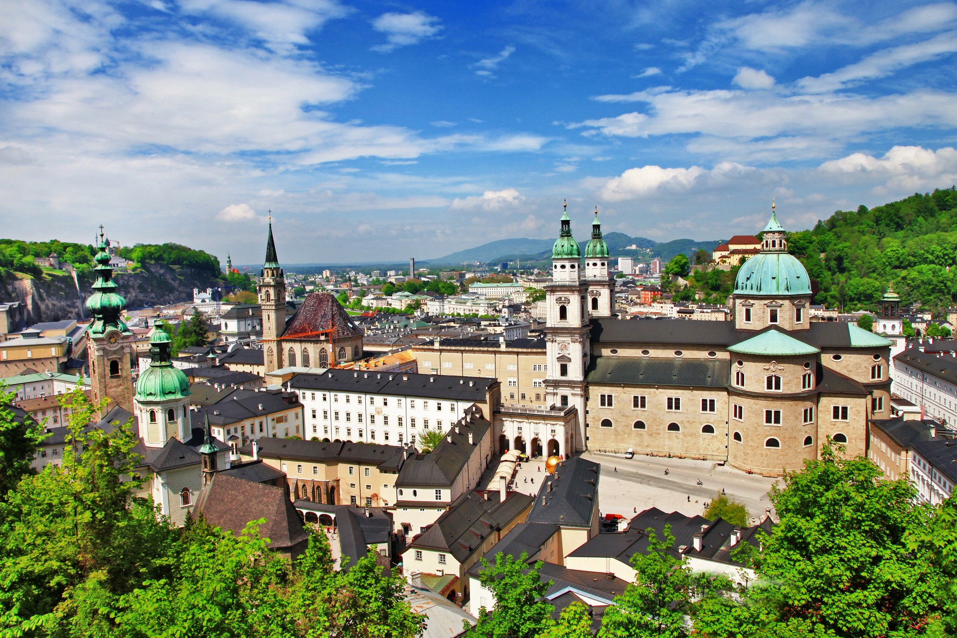 alzburg cathedral architecture green tree town clouds building austria house