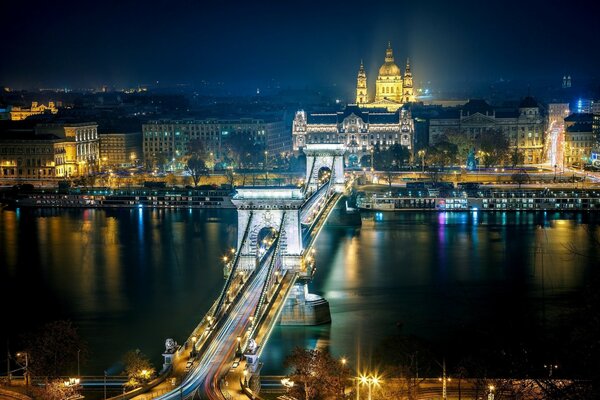 Puente en las luces de la noche de Budapest