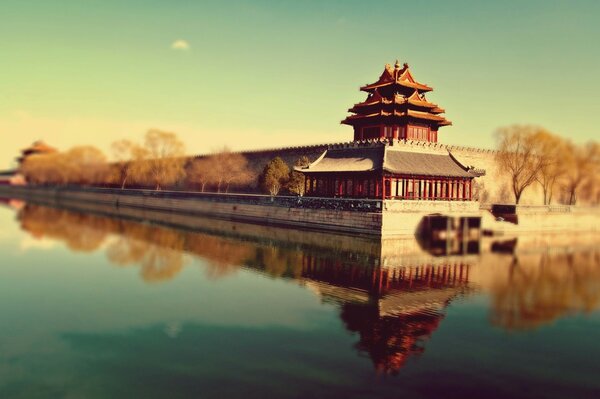 Landscape of a building on the lake shore