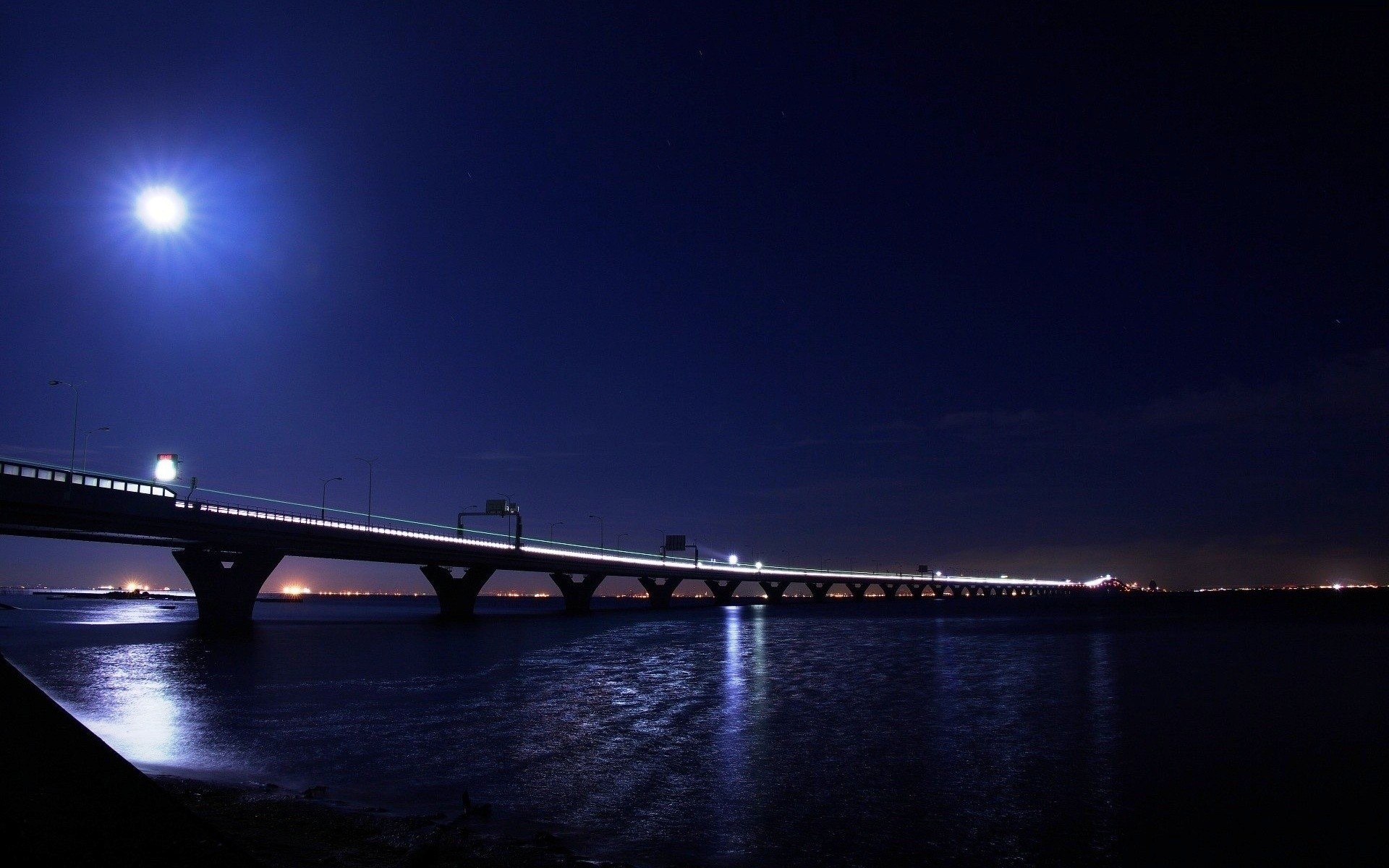 luces noche río puente luz agua luna