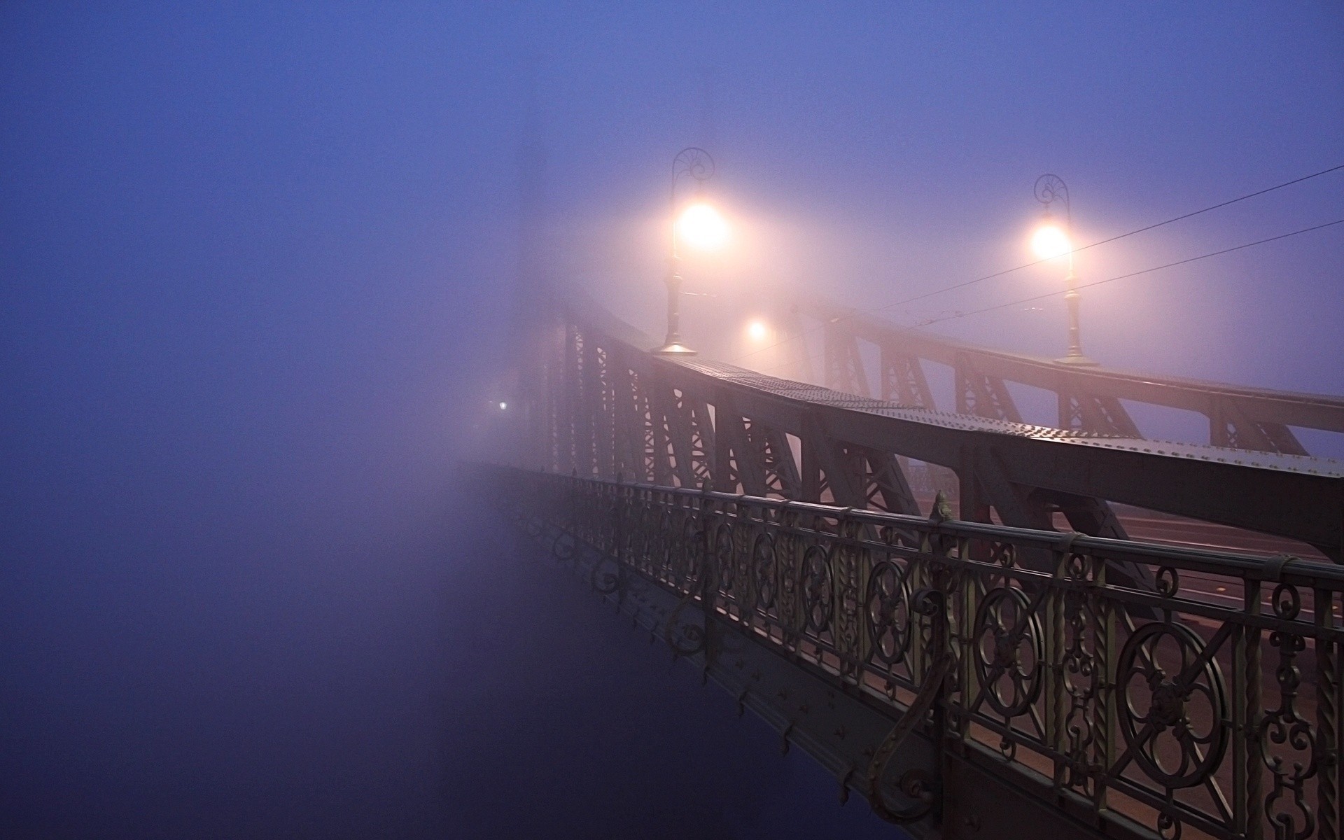 bridge blue fog town light