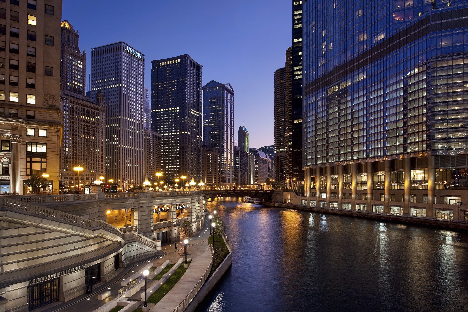 luces noche río calle puente chicago estados unidos hogar