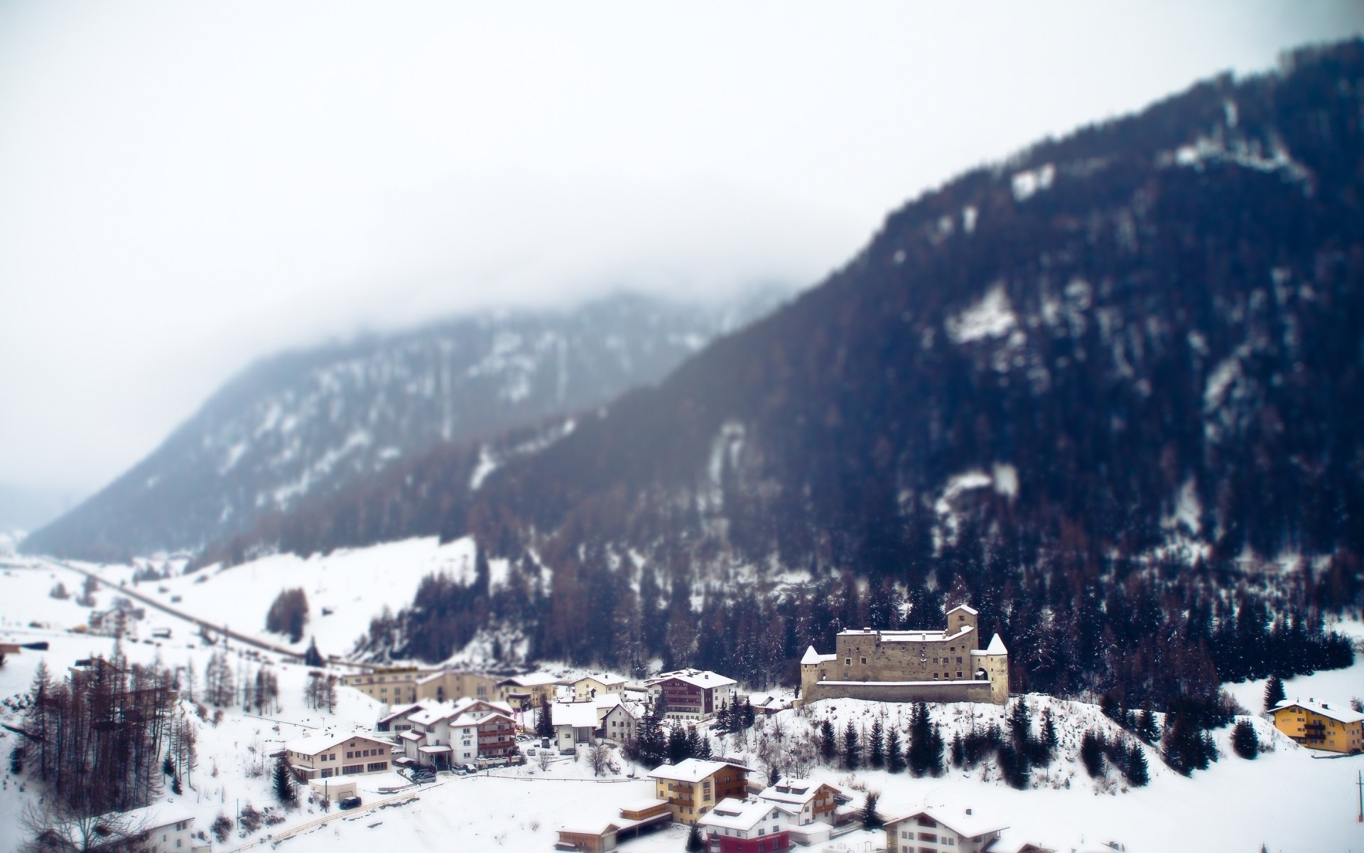 alpy tilt shift miasto śnieg góry zima