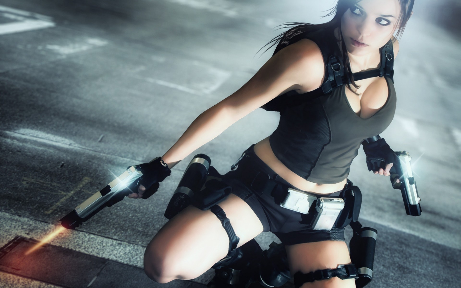 frau fliegende festung cosplay mädchen brünette lara croft grau