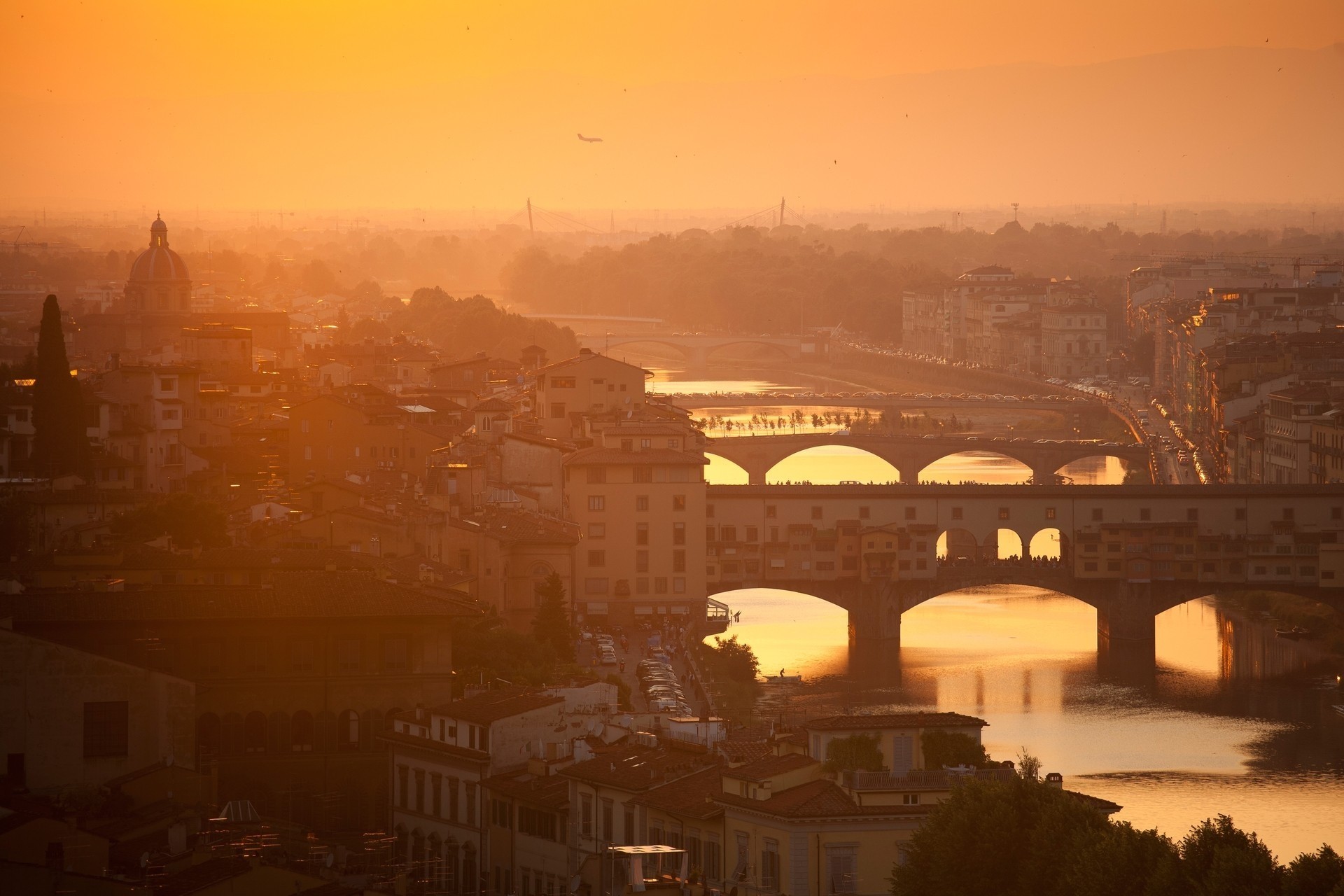 bâtiment coucher de soleil rivière pont ville