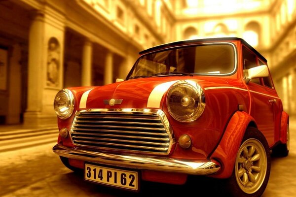 Red mini cooper with round headlights