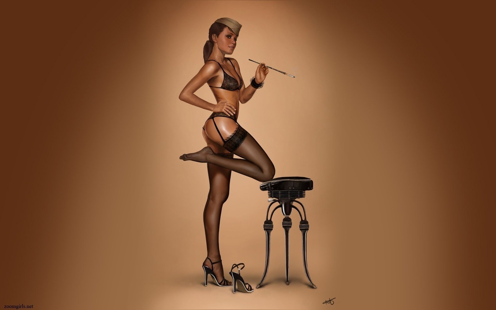 pin-up fille chaise haute cigarette bas drogue mannequin filles érotique beauté mannequin seins buste figure sexy cheveux boucles poser lingerie décolleté corps femmes