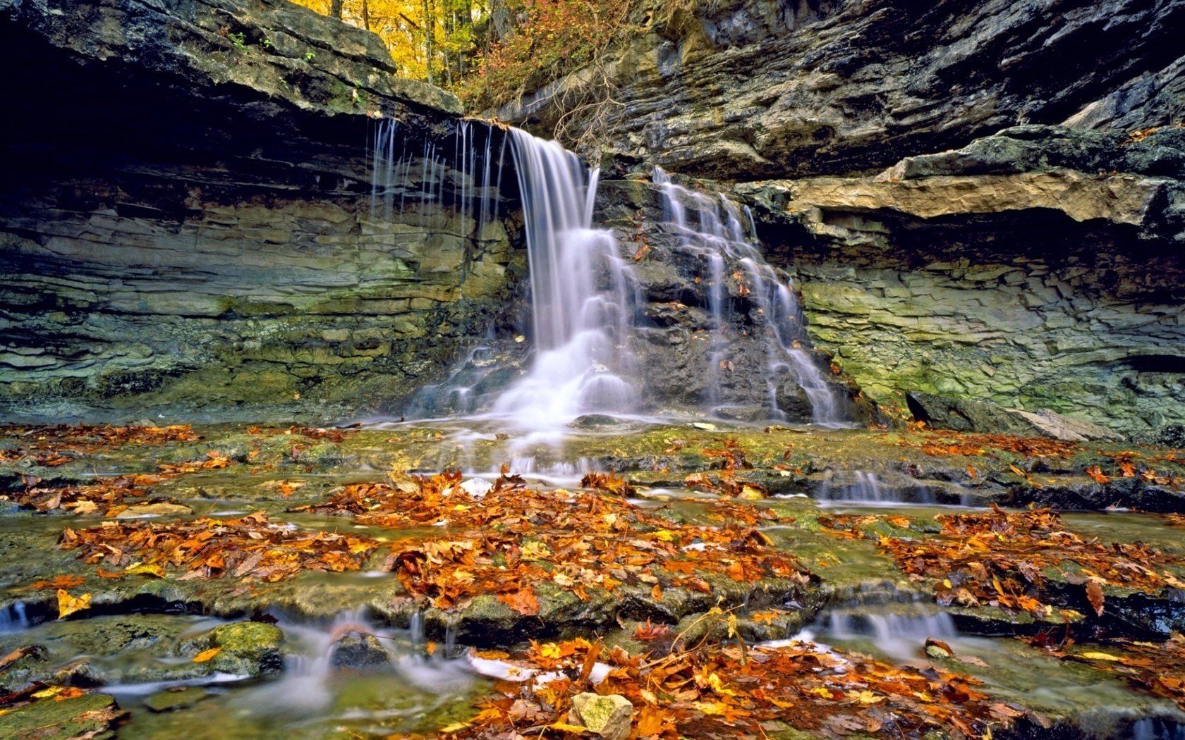 autumn foliage rocks water waterfalls streams falling leaves golden time indian summer yellow leave