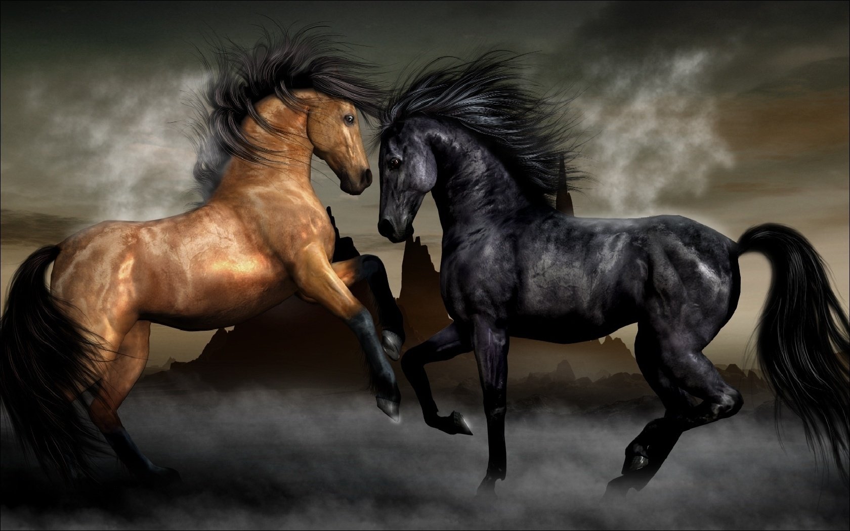 the personification of good and evil horses horses stallions fog couple black brown hoofed strength power look manes mountains sky bay black