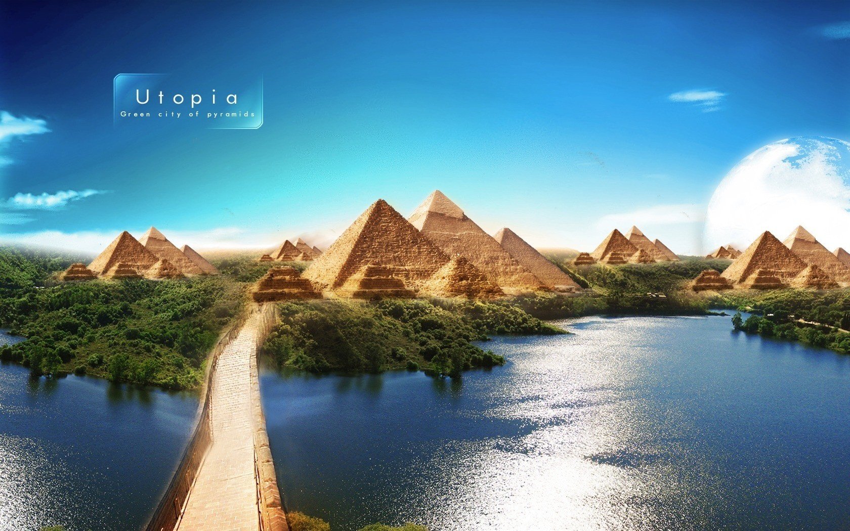 the light on the water the bridge sand pyramid water river the sky reflection shine planet blue sky landscape the inscription vegetation grass height light