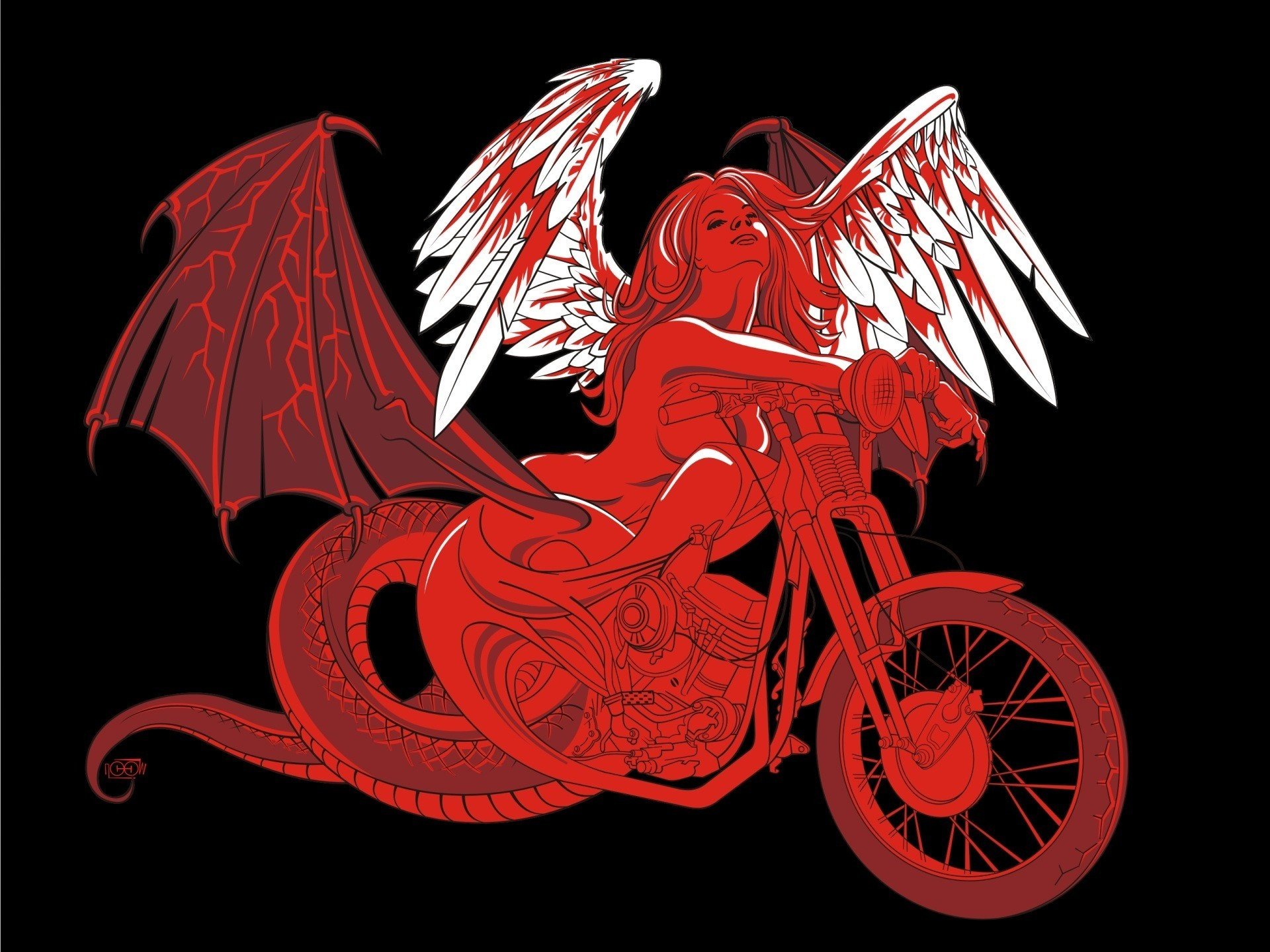 wings motorcycle red girl angel girls moto drawing