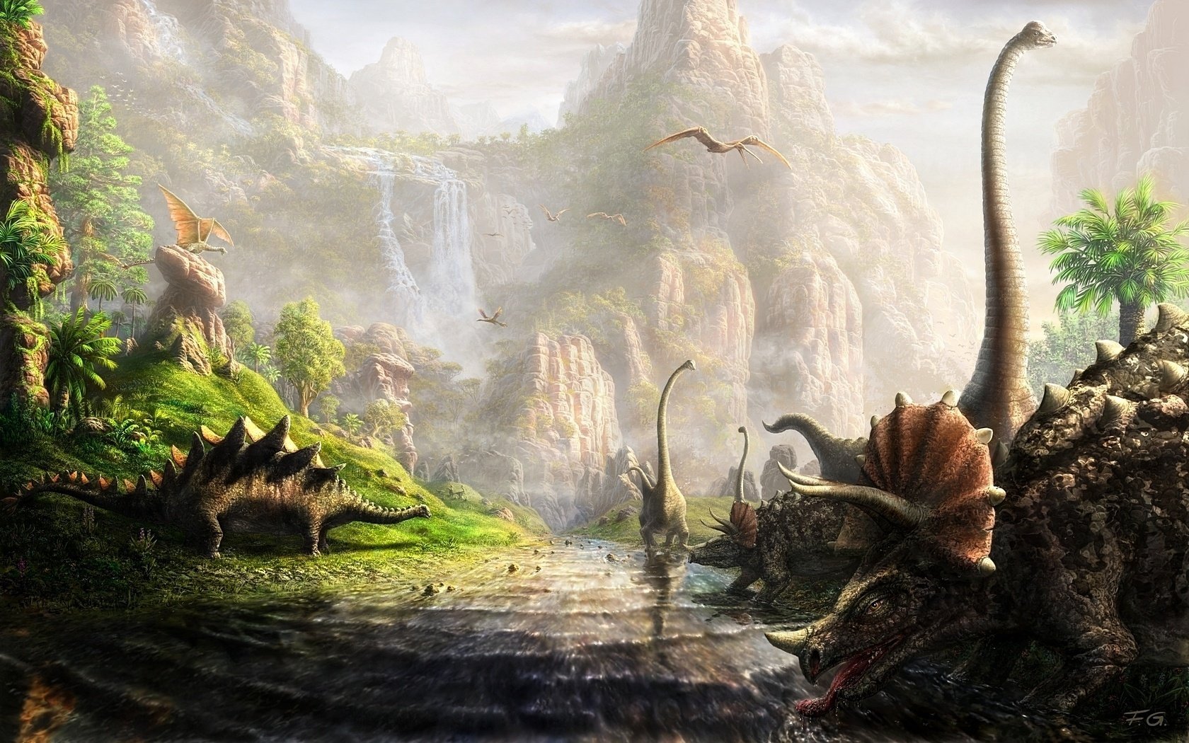 the land of the dinosaurs dinosaurs nature figure river water mountains the sun waterfall greens drawings anime utopia