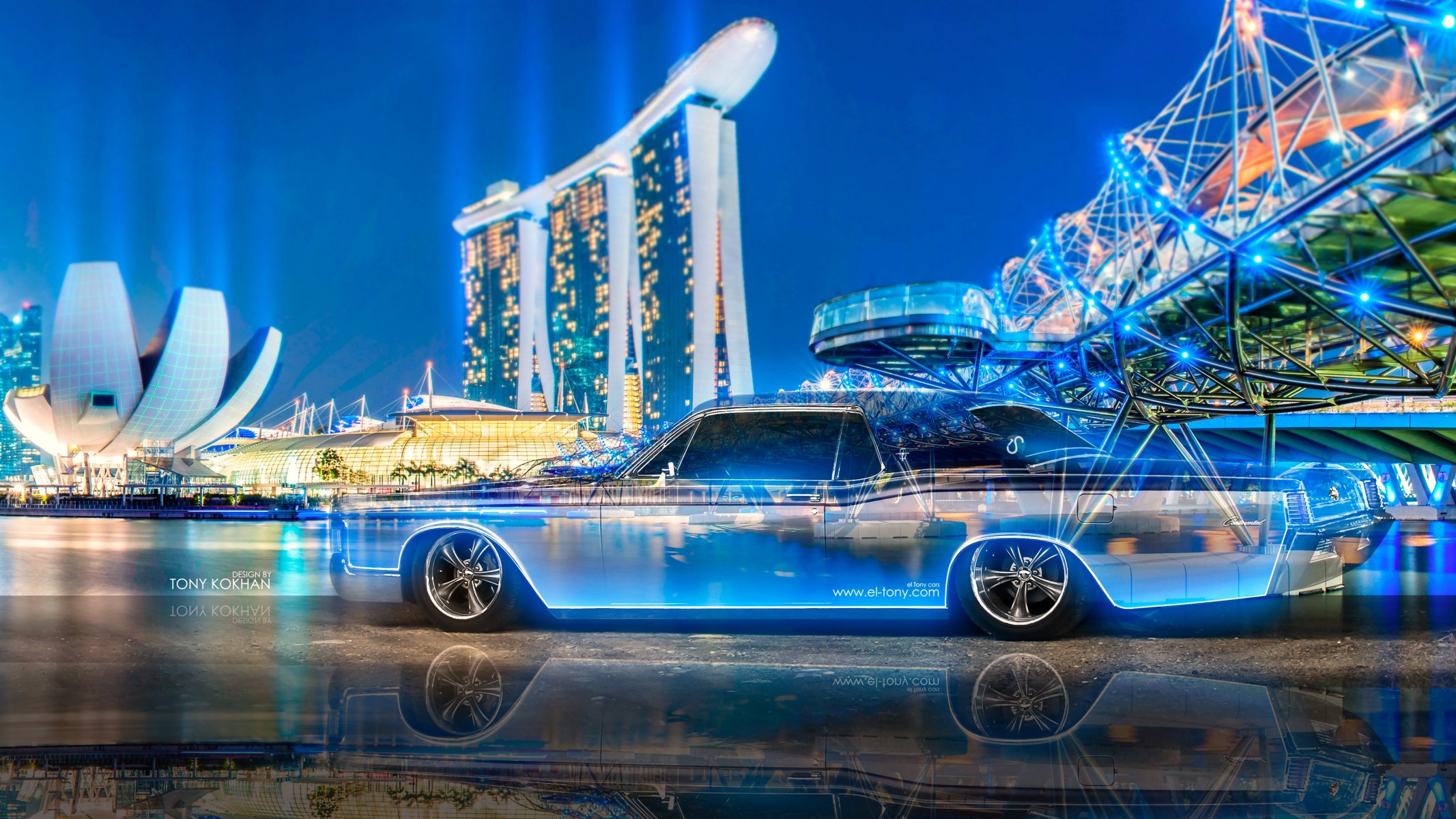 tony cohan lincoln continental cristallo città notte neon auto multicolori blu tuning el tony cars design arte stile carta da parati 4k photoshop continental trasparente auto trasparente auto retro blu n